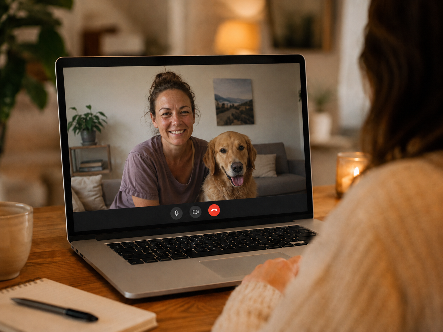 Onlinecoaching mit Hundehalter und Hund über einen Videoanruf